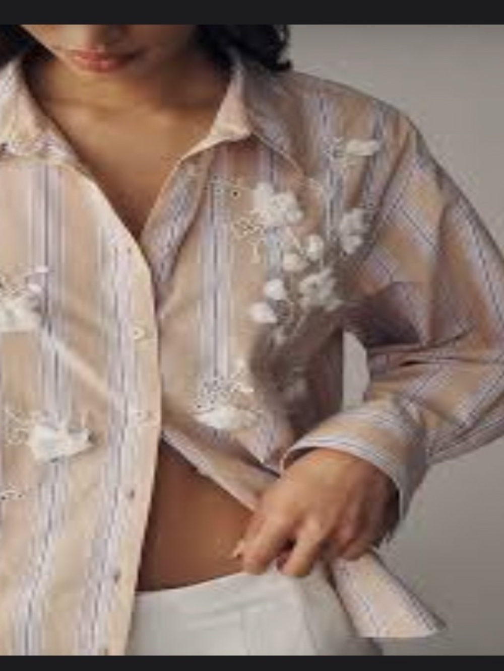 Anthropologie Maeve Bennet Purple Stripe Floral Shrunken Embellished Shirt L NWT